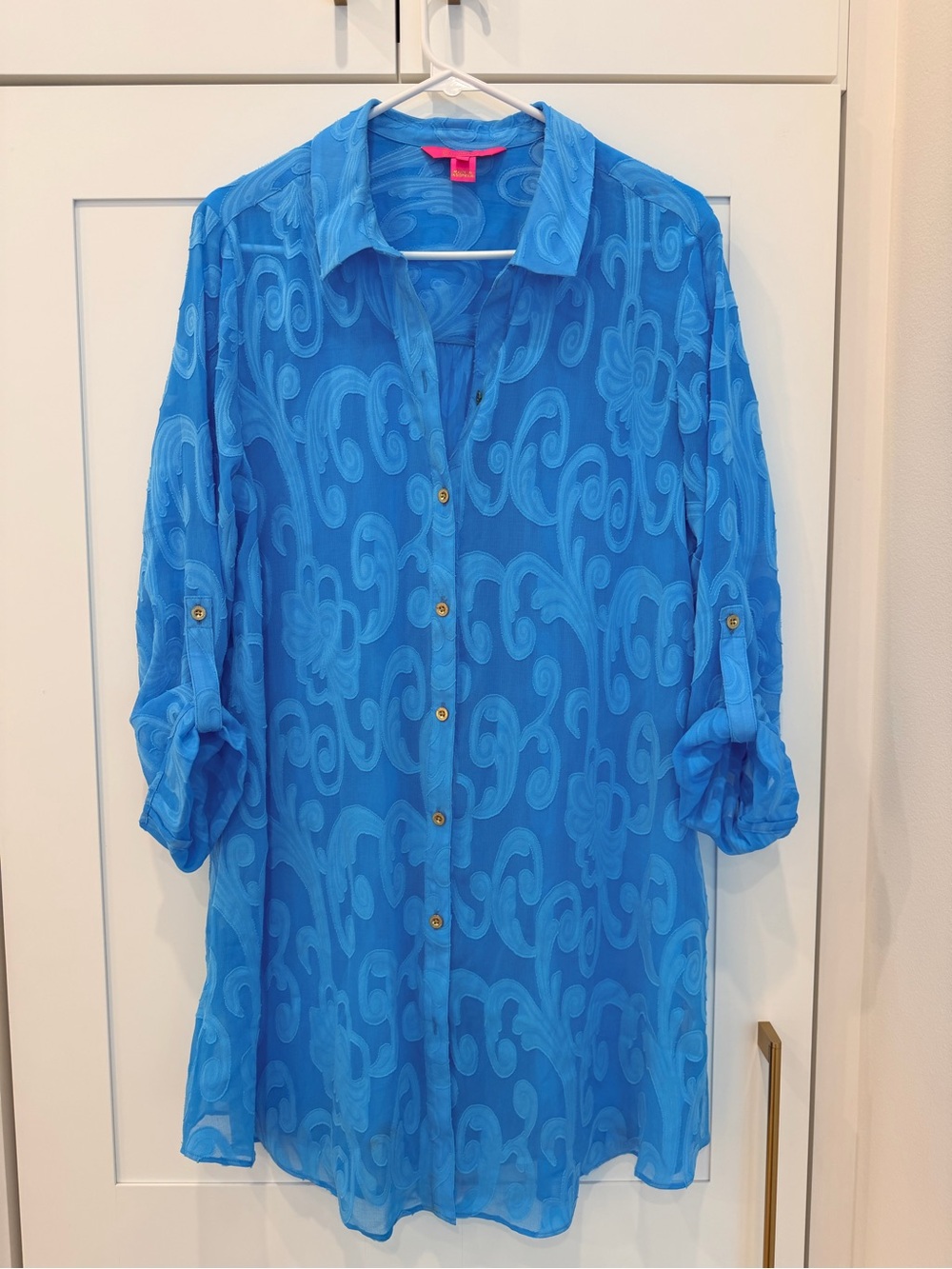 Lilly Pulitzer Turquoise Embroidered Sheer Blouse with Pink Label
